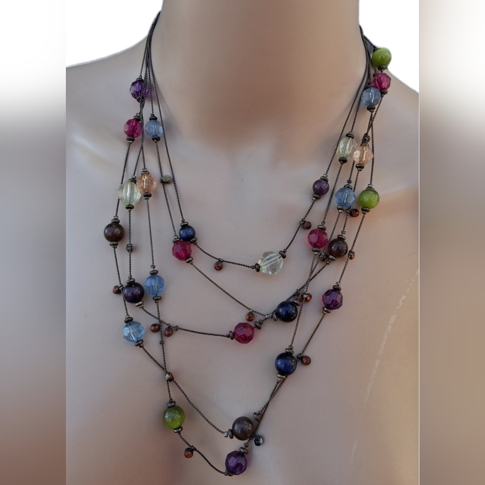 Vintage Bohemian 5-Strand Waterfall Necklace | Jewel Tone Mixed Beads